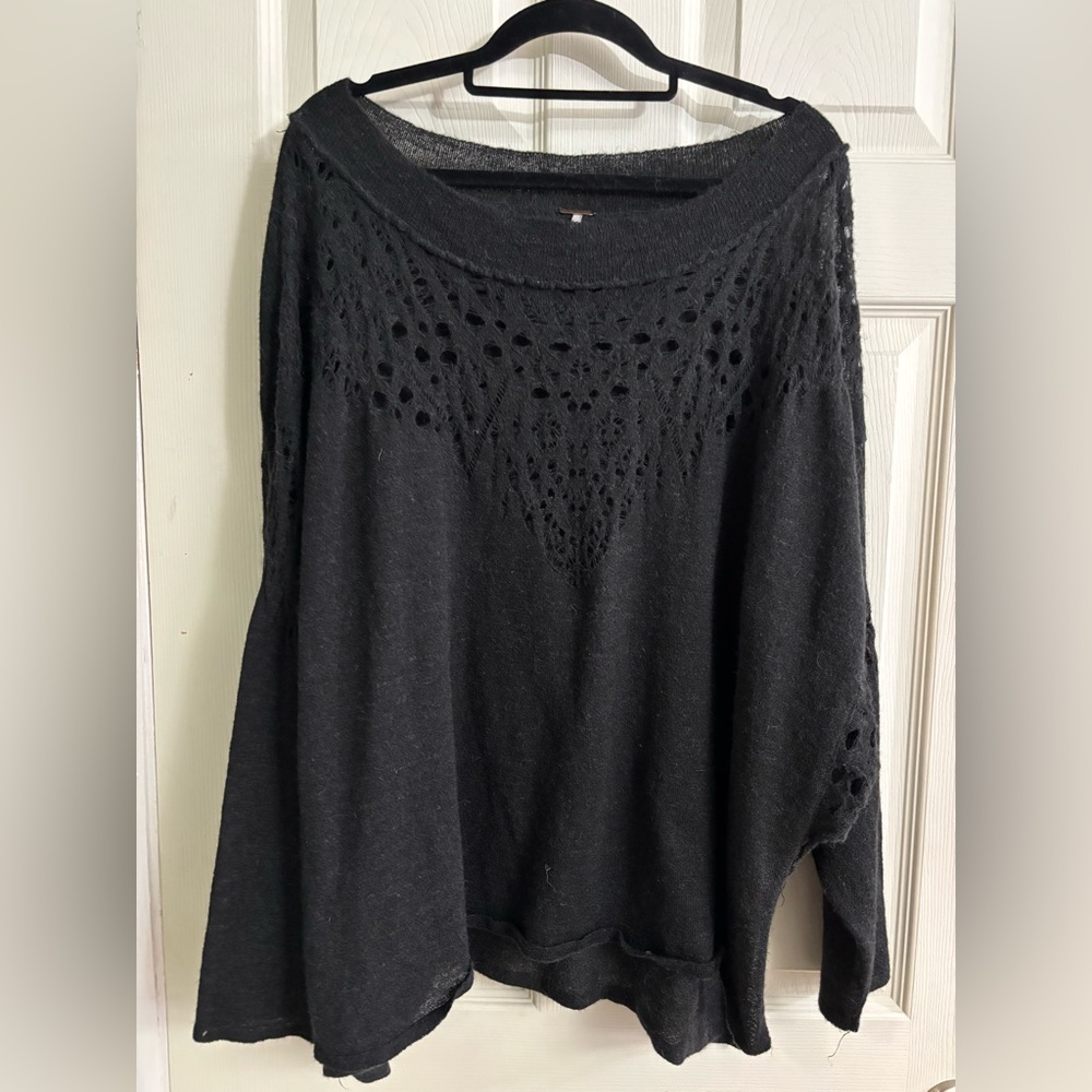 Free People Black Pointelle Ballet Knit Summer Fall Sweater Top Sheer Accents